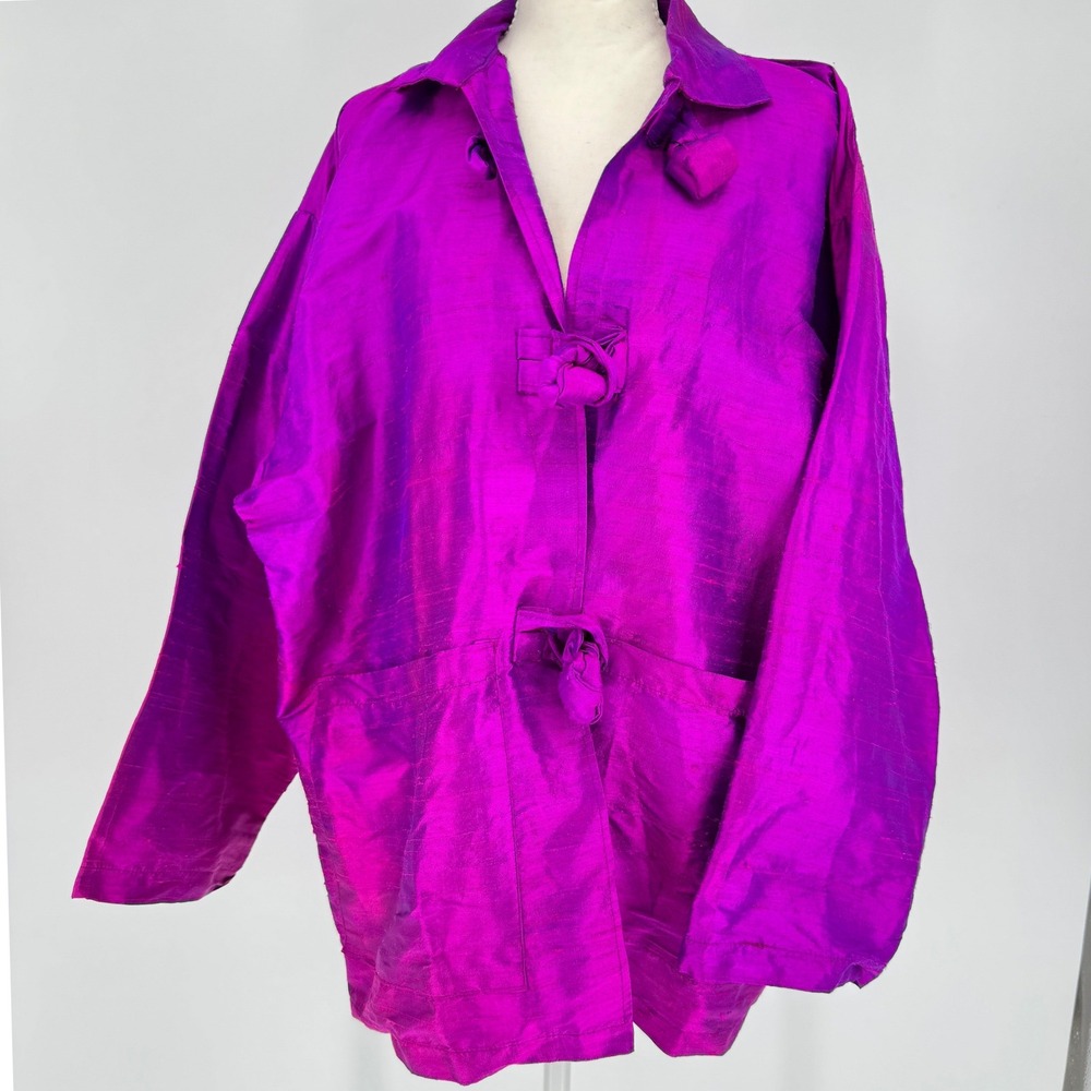 Vintage Huba Jacket Womens M Silk Fuchsia Raw Silk Frog Closure Chore Kimono